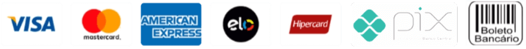 Formas de pagamento: Visa, Mastercard, American Express, Elo, Hipercard, Pix e boleto
